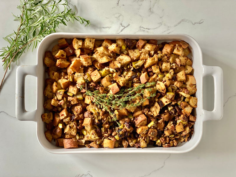 Baked Turkeyless Vegan Stuffing with Poultry-Spiced Tofu, Apples, and Pecans
